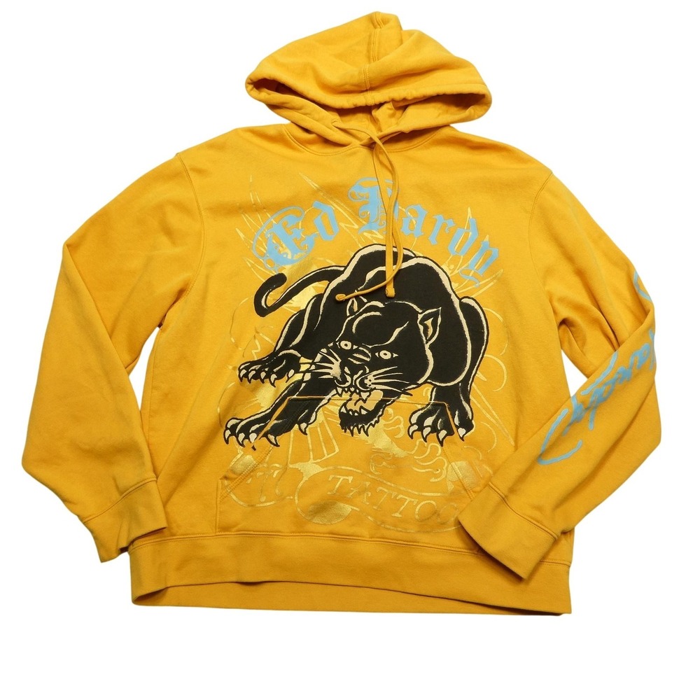 Ed‎ Hardy Hoodie Mens XL Yellow Panther Tattoo Graphic Pullover Sweatshirt DEH